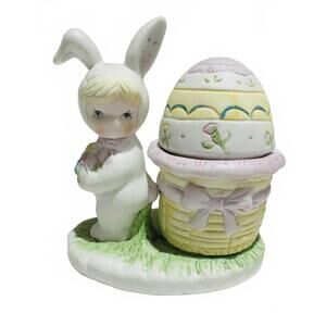 Ceramic Easter Bunny with Egg Basket Trinket Box 1988 ROC